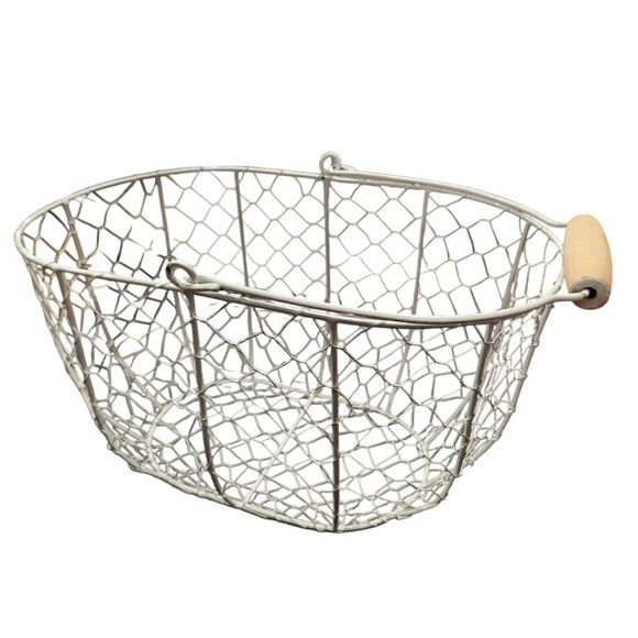 White Wire Mesh Basket With Wooden Handle Decorative Storage Home Organizer Farm - Picture 1 of 14